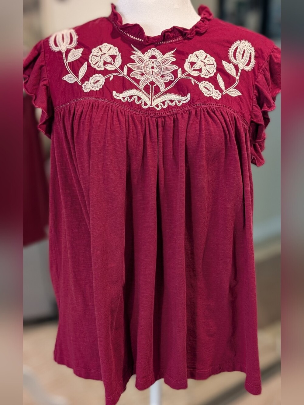 Knox Rose Burgundy Embroidered Ruffle Sleeve Top With Tassel Tie Back